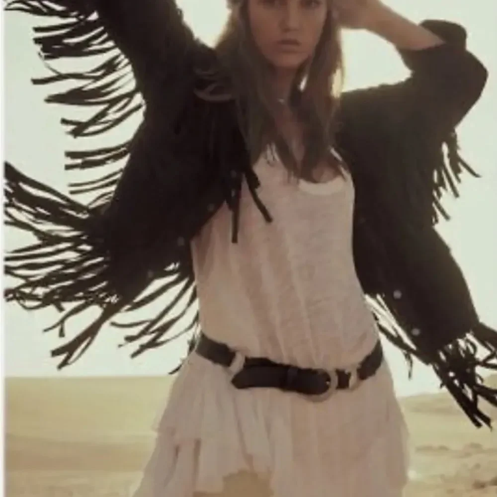 Free People The Lucky Ones Suede Jacket Fringed Studded Snap Front Black - Picture 5 of 7